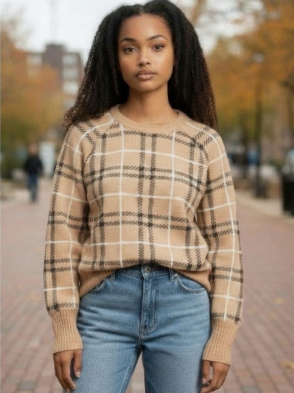 Banana Republic Beige Plaid Wool Blend Crewneck Sweater Women’s XL